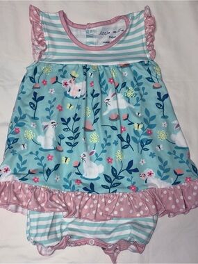 Little Millie striped bubble w/floral overskirt with bunny design sz 24 mo NWOT